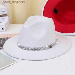 Wide Brim Hats Bucket Hats Sky Blue Diamond Band Wool Fedora Hats For Women Jazz Cap Belt Unisex Colourful Fedoras Hat Fashion Church Hat Bucket Hats Y240409