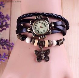 Wristwatches Antique Women Leather Wrapped Bracelet Women Quartz Wrist Ladies Clock Gift relojes de mujer240409