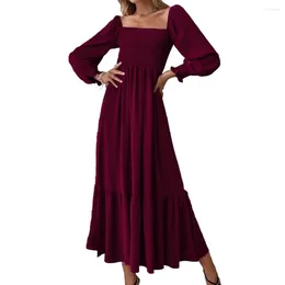 Casual Dresses Square Neck Long Sleeve High Waist Tight Dress For Women Vintage Pleated A-line Loose Hem Ruffle Maxi Vestidos Para Mujer