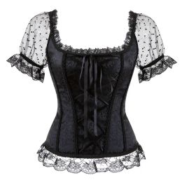 Women Sexy Corset Top Bustier with Short Sleeves Renaissance Plus Size Lace Floral Sexy Costumes Burlesque Red Black White