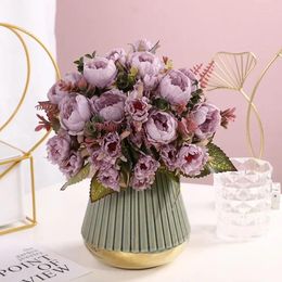 Decorative Flowers Silk Simulation Red And White Peony Bouquet Fake Flower Green Plant Bar El Room Decoration Artificial Peonies
