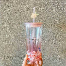 Mugs cup cherry blossom season 591ml bird sinin and flower frarance pink transparent double lass straw cup L49