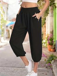 Pants Plus Size 1XL-5XL Casual Capri Women's Solid Button Decor Waist Band High Rise With Pockets