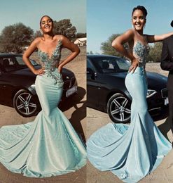 2022 African Jewel Sleeveless Sheer Appliques Mermaid Prom Dresses African Style Crystal Backless Sweep Train Evening Gowns 03246052934