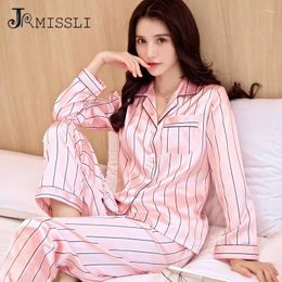 Home Clothing JRMISSLI Silk Pyjamas Female Striped High Quality Sleepwear Women Spring Long-Sleeved Pyjama Pants Two-Piece Sets