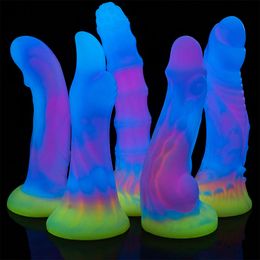 Cute New Luminous Dildo Anal sexy Toys for Women Men Colourful Glowing Dildos Huge Dragon Monster Dildo Butt Plug Adult Toys