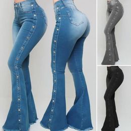 Women's Jeans Trendy Flare Washed Denim Trousers Multi Pockets Rivet Decor Wide Leg Pants Elastic