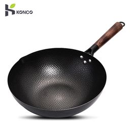 Konco Iron wok Cast iron pan Noncoated Pot General use for Gas and Induction Cooker 32cm Chinese Wok Cookware Pan Kitchen Tools 240407