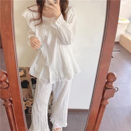 Home Clothing Alien Kitty 2024 Two Pieces Suit Cotton Lace Gentle Nightwear Sweet Soft White Casual Loose Fashion Pajamas Set