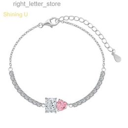 Bangle Shiny U S925 Silver High Carbon Diamond Pink Heart shaped Bracelet Suitable for Womens Exquisite Jewellery Gifts yq240409