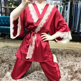 Home Clothing ZOOLIM Satin Pyjamas For Women 3 Pieces Sleepwear Female Sexy Lace Silk Set Coat Vest Pants 2024 Pijama With Chest Pads