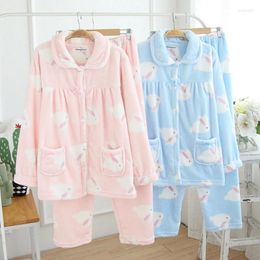 Home Clothing JINUO Selling Woman Pink And Blue Pattern Pyjamas Sets Warm Thick Flannel Pyjamas For Femme Female Winter Sleepwear