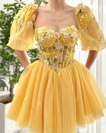 Civil Short Prom Dresses with Puffy Sleeve Sweetheart Embroidery Flower Mini Homecoming Dress Draped Tulle Above Knee Length robes de cocktail