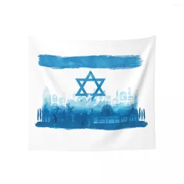 Tapestries Tapestry Israeli Flag & City Skyline - Watercolor Graphic Cool I Love Print Novelty Hanging Paintings