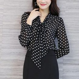 Women's Blouses Spring Summer Fashion Simple Printed Polka Dot Chiffon Thin Bottomed Shirt Pullover V-Neck Bow Tie Long Sleeved Top