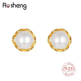 Stud Earrings 925 Sterling Silver Shiny Simulated-pearl White Shell Golden Color For Women Party Gift Simple Stylish Ear Jewelry