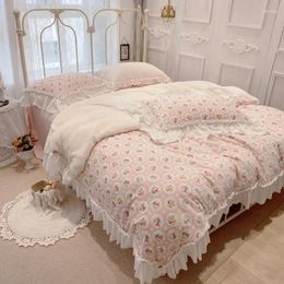 Bedding Sets Set Korean Style Small Fresh Carved Velvet Four-piece High-end Princess Double-sided Coral Duvet Cover Bed