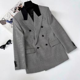 Women's Suits 2024 SpringSummer Black White Chequered Colour Block Turndown Collar Wool Long Sleeve Loose Fitting Suit Jacket Woman