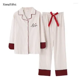 Home Clothing XiangYiHui Women's Long Sleeve Pyjamas Sets Autumn Winter Cotton Turn-down Collar Cardigan Elegant Leisure Soft Female