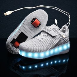 Sneakers New Pink USB Charging Fashion Girls Boys LED Light Roller Skate Shoes For Children Kids Sneakers With Wheels Two wheels