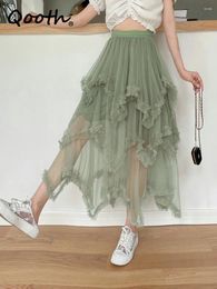 Skirts Qooth Women Asymmetrical Tulle Ball Gown Skirt Elegant High Waist Fairy Mesh A-line For Spring Summer QT2126