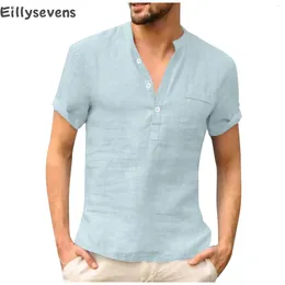 Men's Casual Shirts 2024 Short Sleeve Shirt Summer Travel Beach Tops Breathable Cosy Cotton Linen Solid Stand Collar Chemise Homme