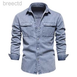 Men's Casual Shirts Men Denim Shirts Jackets Male Light Blue Casual Fashion Denim Coats Jeans Jacket Man Streetwear Long Sleeve Shirts Size XXL 240409