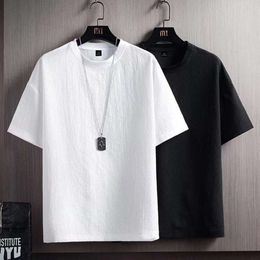 Designermen's T-shirts Linen Short Sleeve T-shirt Mens Summer New Half Sleeve T-shirt Cotton Linen Solid Colour Loose Bottomed Shirt White Five Point Sleeve