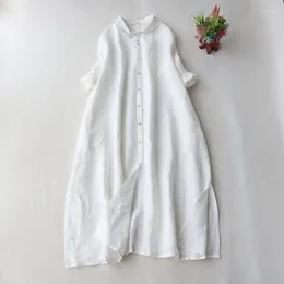 Casual Dresses Women Cotton Linen Ladys Half Sleeve Solid Colour Button O-neck Stand Collar Summer Spring Loose Shirt Dress