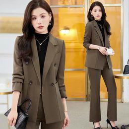 Women's Two Piece Pants 2024 Korean Style Long Sleeve Professional Tailored Suit Formal Trouser Interview Sales Work Clothes 9655