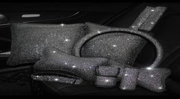Bling Rhinestones Crystal Car Interior Accessories Diamond Steering Wheel Cover Neck pillows Waist Support Handbrake Shift Set9769782