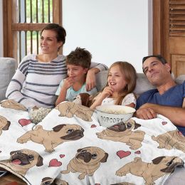 Pug Blanket for Kids Adults Cute Dogs with Red Hearts Throw Blanket Cosy Blanket for Couch Sofa Bed Living Room