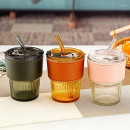 Wine Glasses 400ml Glass Cup Stripe Transparent With Lid Straw Ice Coffee Tea Juice Kitchen Home Milk Water Drinkware
