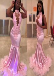 Elegant Evening Dresses Halter Lace Appliques Feathers Prom Gowns 2020 Custom Made Sweep Train Mermaid Party Special Occasion Dres4228283