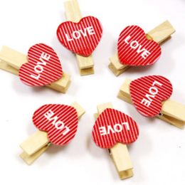 35x7mm 20pcs Wooden Red Love Heart Photo Clips Memo Paper Peg Clothespin Stationery Christmas Wedding Party Craft DIY Home Decor
