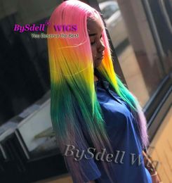 bright Colourful rainbow hair wig synthetic long straight pink yellow green purple ombre hair lace front wigs beauty fashion female4301712