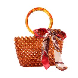 Straight New Amber Beaded Acrylic Handbag Single Shoulder Bag Fashionable Ribbon Woven Bag for Women 240409