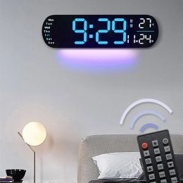 LED Wall Clock with Atmosphere Light Colour Changing Temperature Date Week Display Electronic Alarm Clock with Remote Control