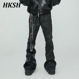 Men's Pants HKSH Hand-coated Slim Fit Versatile Waxed Face Heavy Weight Spliced Crack Casual Black PU Leather Tide Punk HK0850