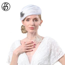 FS Sinamay Berets Elegant Ladies Snowy White Hats For Women Feather Luxury Millinery Wedding Bridal Church Party Cap Female 240401