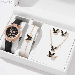 Women's Watches 6/1pcs Set Women Watch Ring Necklace Earrings Bracelet Set Watches Butterfly Leather Strap Ladies Quartz WristWatch (No Box) 240409