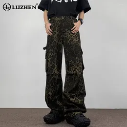 Men's Pants LUZHEN Leopard Print Pattern Pockets Splicing Design Personality Trendy Original Men Straight Wide Leg Trousers LZ2587
