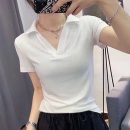 Plain Polo Neck Shirts for Women Navy Blue Clothing White Short Sleeve Tee Tshirt Woman Tops Aesthetic Korean Style Luxury 240409