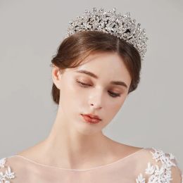 SLBRIDAL Handmade Alloy Rhinestones Crystal Flower Freshwater Pearls Bridal Tiara Wedding Bridesmaids Crown Women Hair Jewelry