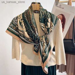 Scarves 2023 Luxury Design 90X90CM Printed Womens Silk Satin Bandana Muffle Rectangle Shawl Square Collar Fashion Handkerchief Foulard240409
