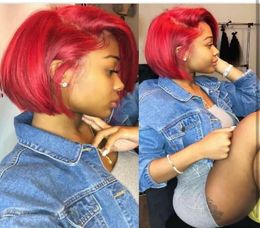 Short Bob Red Straight Lace Front Human Hair Wig Preplucked Hairline Peruvian Remy burgundy wig With Baby Hair4763078