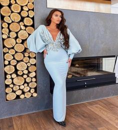 Light Sky Blue 2020 Arabic Aso Ebi Sexy Beaded Evening Dresses Deep Vneck Prom Dresses Long Sleeves Formal Party Second Reception9712431