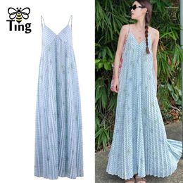 Casual Dresses Tingfly Women Summer Floral Plaid Pleated Long Strap Cami Dress Lady Chic Loose Fit Sundresses Bohemian Vacation