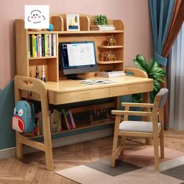 Solid Wood Children Tables Learning Desk Simple Integrated Desk and Bookshelf Modern Student Home Bedroom Writing Desk and Chair