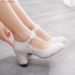 Dress Shoes Crystal Queen Women Thick Heel Round Head Pumps White Lace Pearl 7CM High Heels Platform Wedding Small BiG Size 43 H240409